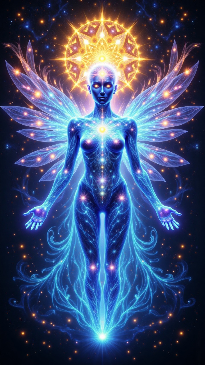 A cosmic celestial entity with a transparent body glowing blue,  filled with a galaxy-like pattern of energy. Her face was...