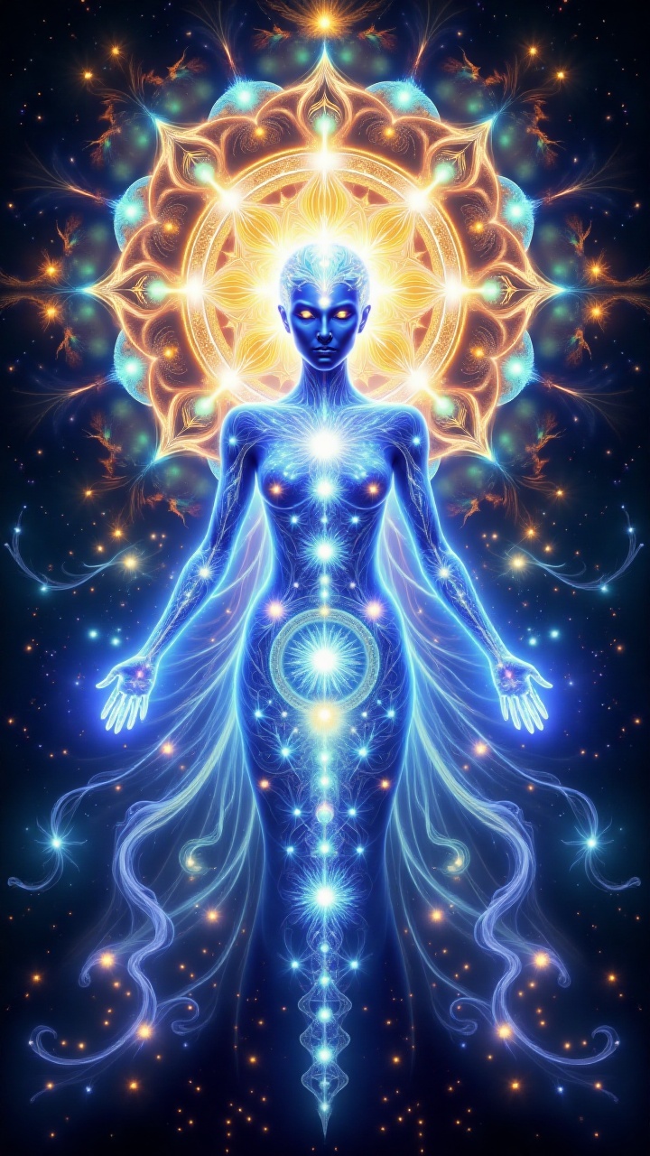 A cosmic celestial entity with a transparent body glowing blue,  filled with a galaxy-like pattern of energy. Her face was...