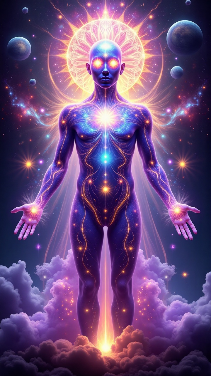 A mesmerizing cosmic entity,  an ethereal being that transcends time and space,  existing as a fusion of celestial energy...