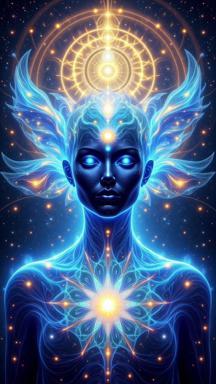 A cosmic celestial entity with a transparent body glowing blue,  filled with a galaxy-like pattern of energy. Her face was...