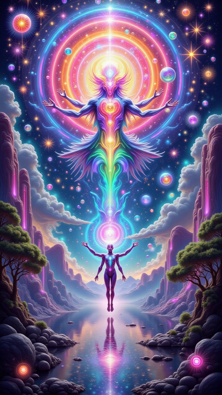 A mesmerizing and surreal depiction of the cosmic spectrum,  where colors blend and shift seamlessly across multiple dimen...
