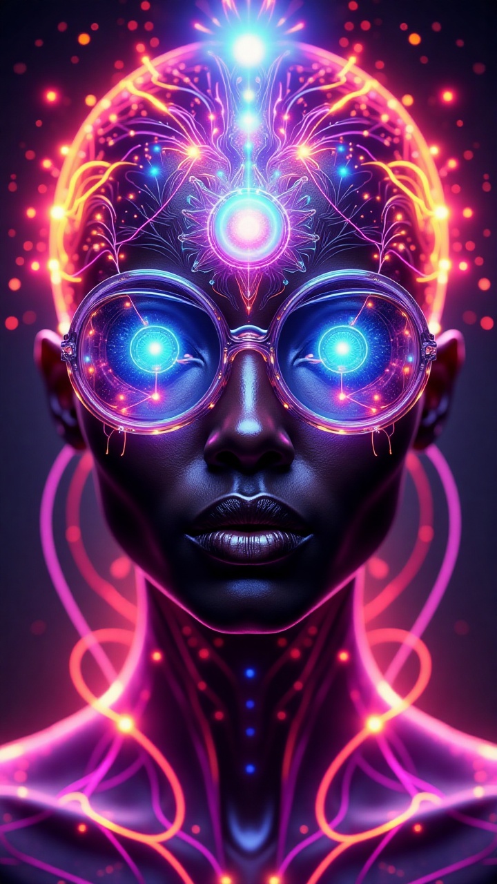 A mesmerizing half-body portrait of a Black woman in an Afrofuturism and psychedelic art style,  facing the viewer. intric...