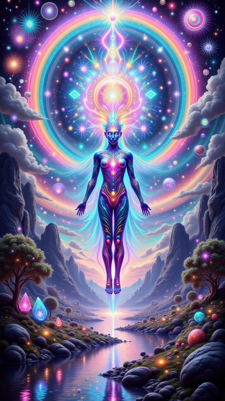 A mesmerizing and surreal depiction of the cosmic spectrum,  where colors blend and shift seamlessly across multiple dimen...