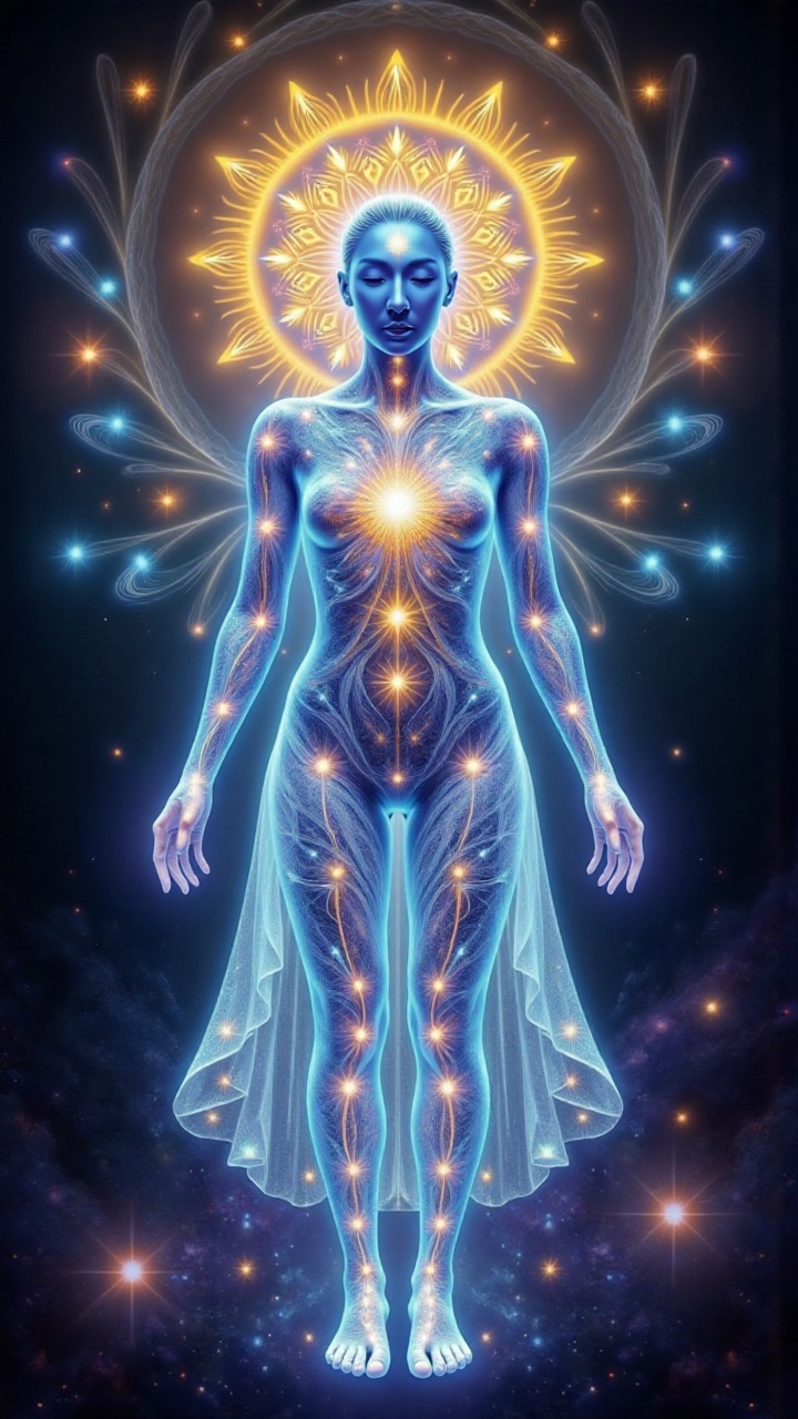 A cosmic celestial entity with a transparent body glowing blue,  filled with a galaxy-like pattern of energy. Her face was...