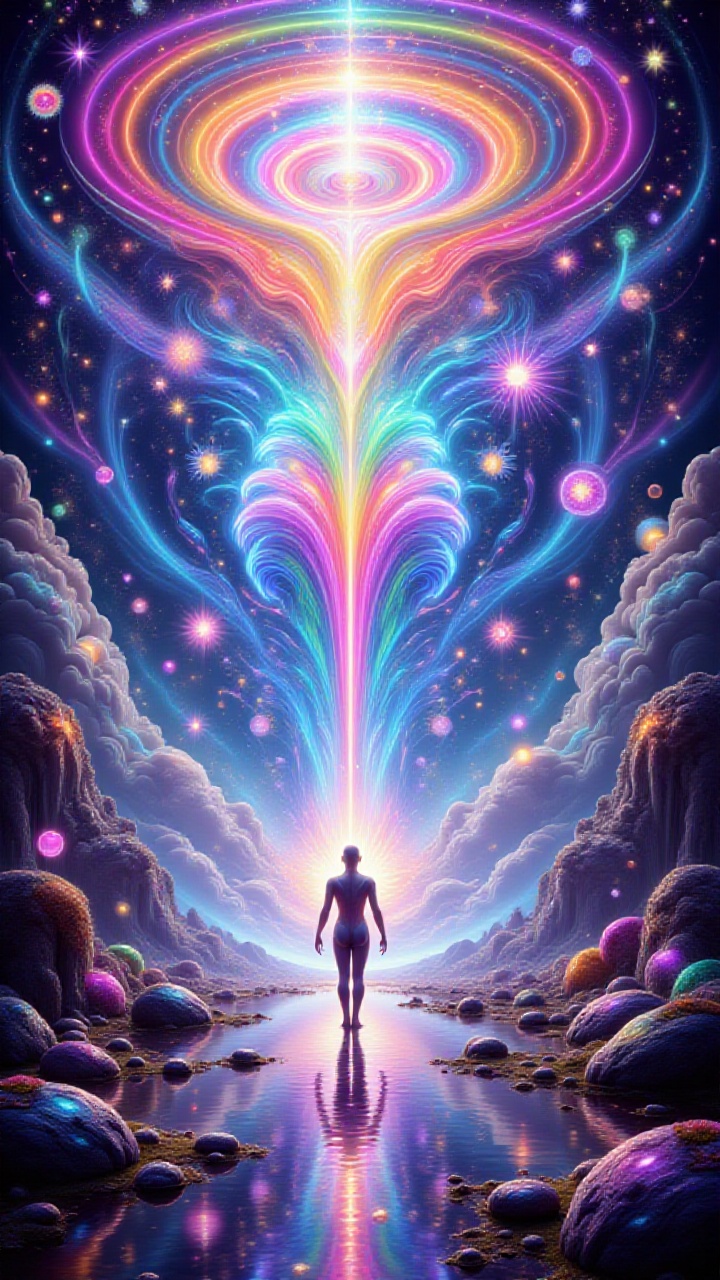A mesmerizing and surreal depiction of the cosmic spectrum,  where colors blend and shift seamlessly across multiple dimen...