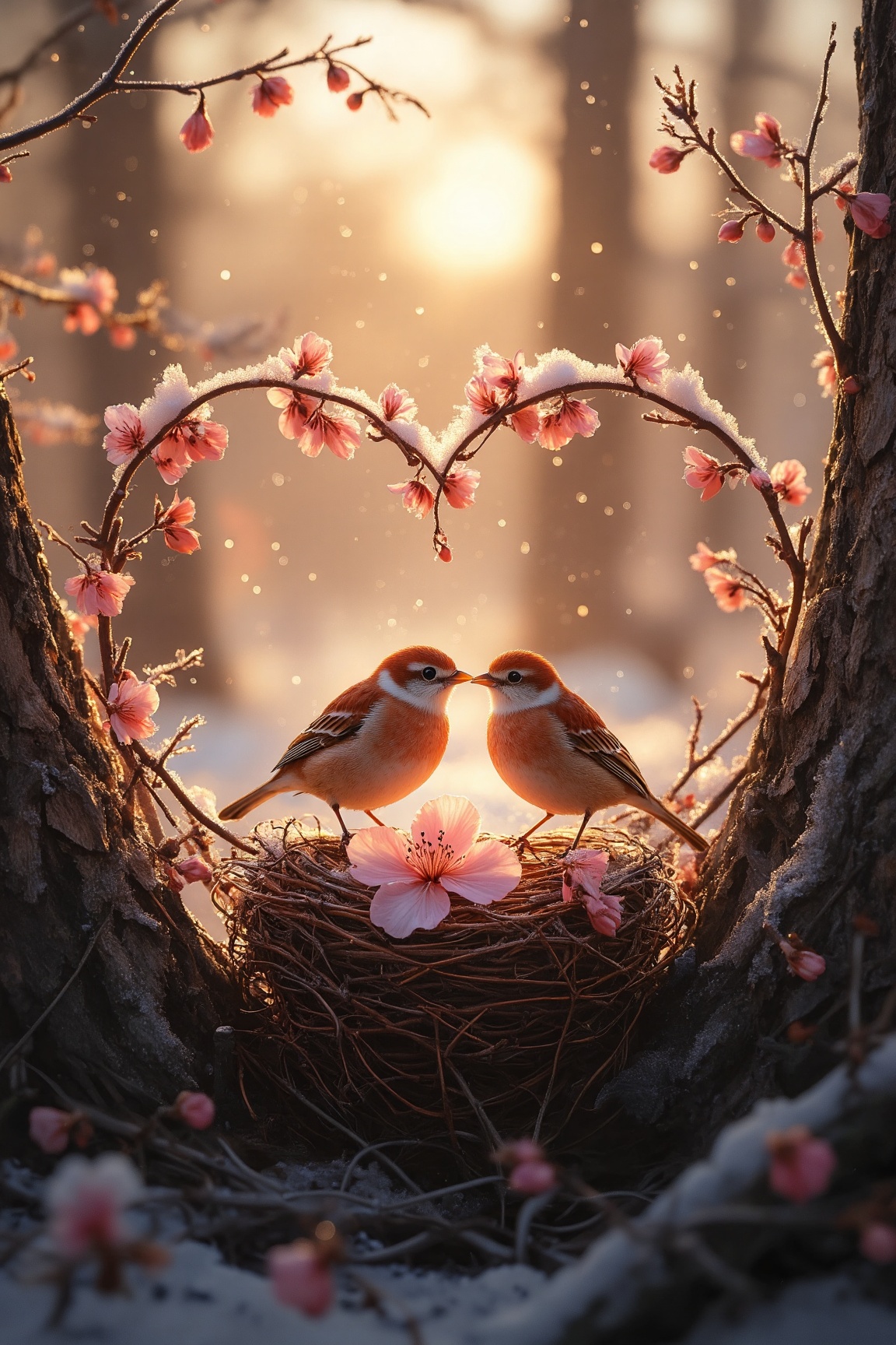 At the heart of an enchanted winter forest,  nestled between the roots of an ancient oak tree,  a pair of red robins busil...