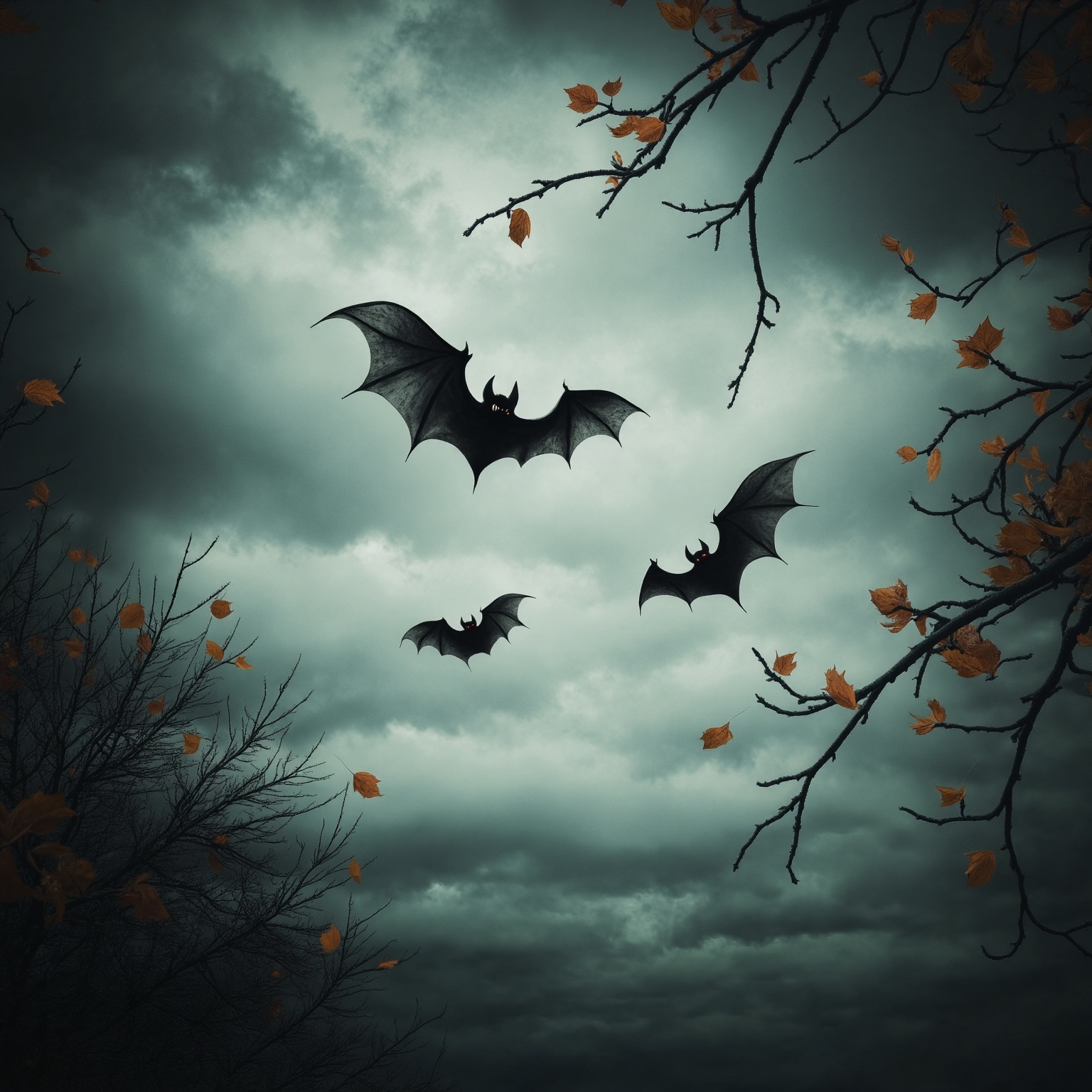 dark cloudy sky with wind blown leaves and bats flying around,  character,  horror environment on Tensor.Art