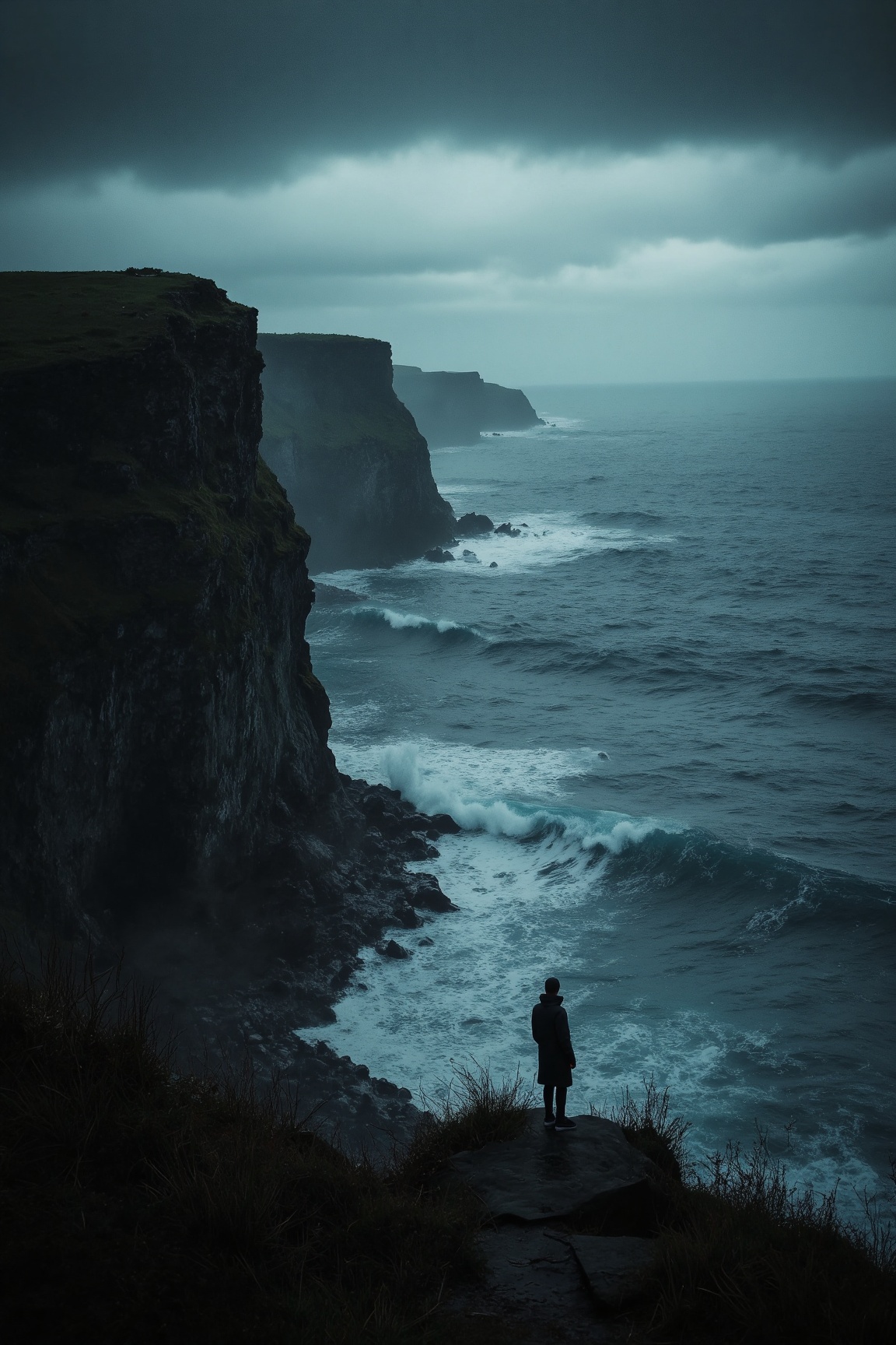 Spooky Art Drawing. The image depicts a dramatic landscape with steep cliffs overlooking an ocean. A solitary figure stand...