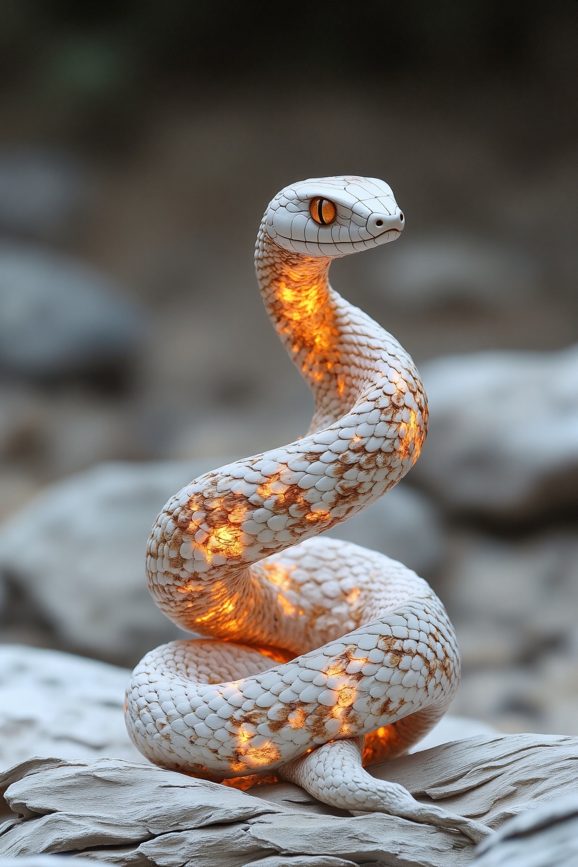 a white wooden snake character,  coiled and poised to strike,  living sculpture on Tensor.Art