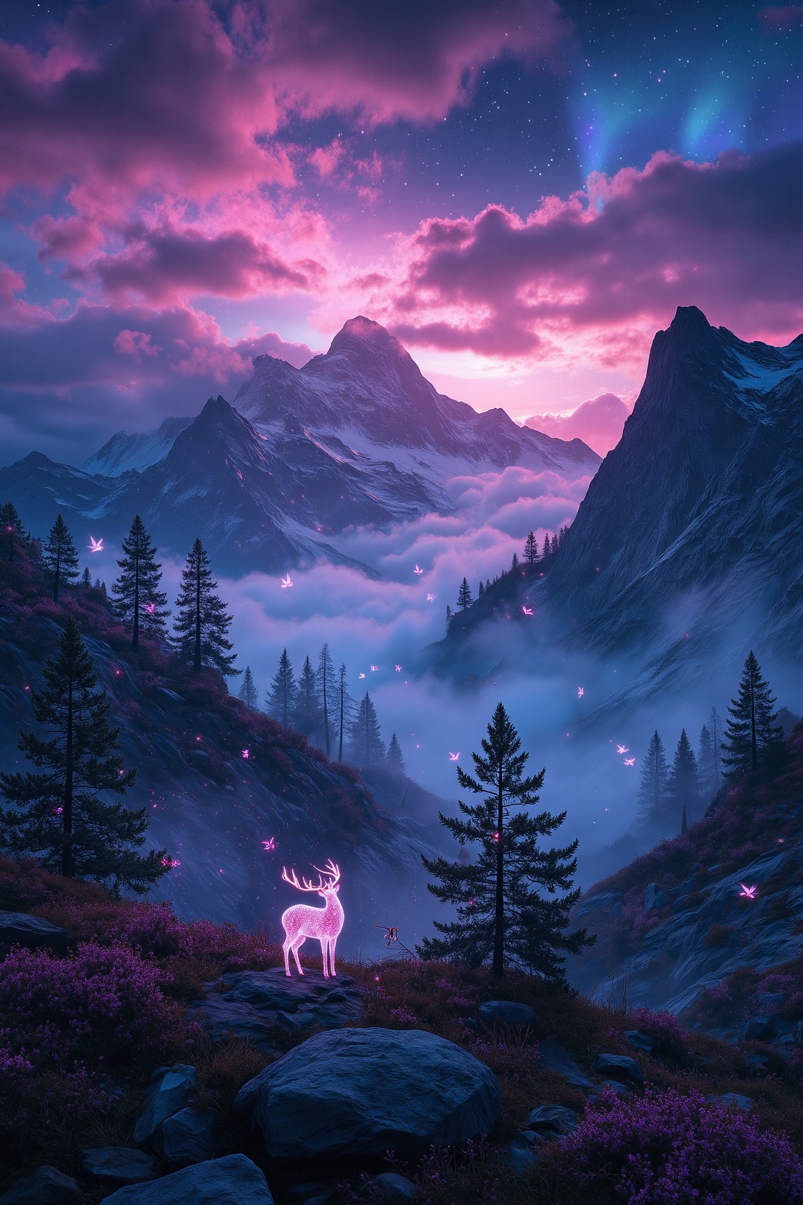 Ancient mountainous expanse,  jagged basalt cliffs,  surreal bioluminescent fir trees on Tensor.Art