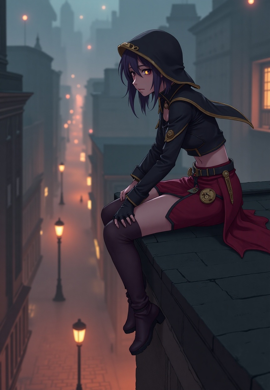 A shadowy anime-style steampunk assassin wearing a sleek,  high-slit red skirt and a fitted leather jacket with intricate...