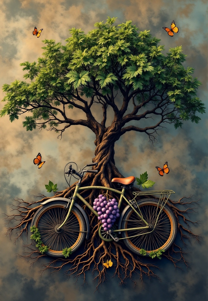 fusion art style,  a bicycle mix grape tree Fusion,  bicycle on Tensor.Art