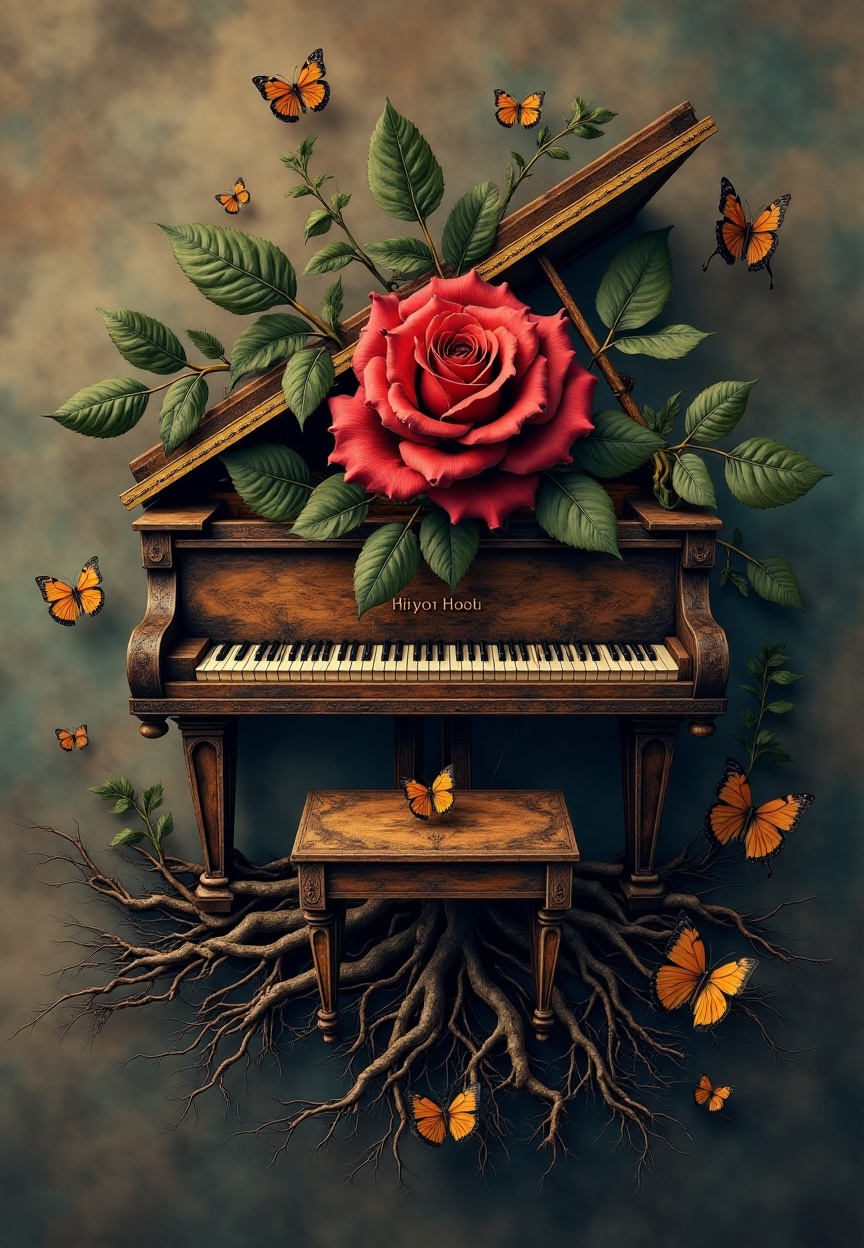 fusion art style,  a piano mix rose flower Fusion,  piano on Tensor.Art
