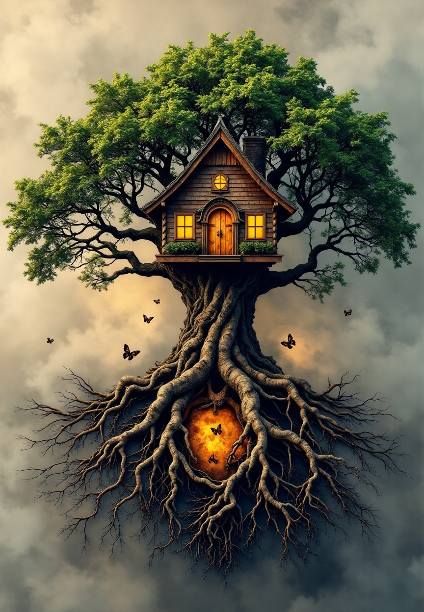 fusion art style,  house Tree Fusion,  Wooden house on Tensor.Art