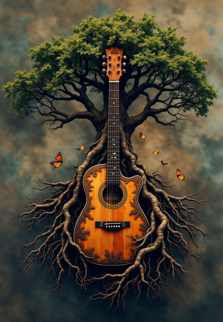 fusion art style,  Guitar Tree Fusion,  Wooden Guitar on Tensor.Art