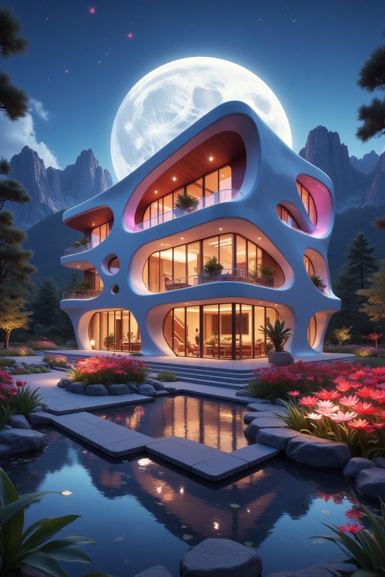 a modern house with beautiful purple lights,  in a beautiful landscape,  at a beautiful moon night on Tensor.Art