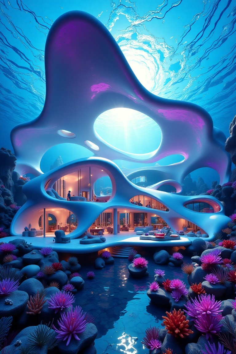 undersea world,  a modern house like a submarine,  like a modern undersea Palace on Tensor.Art