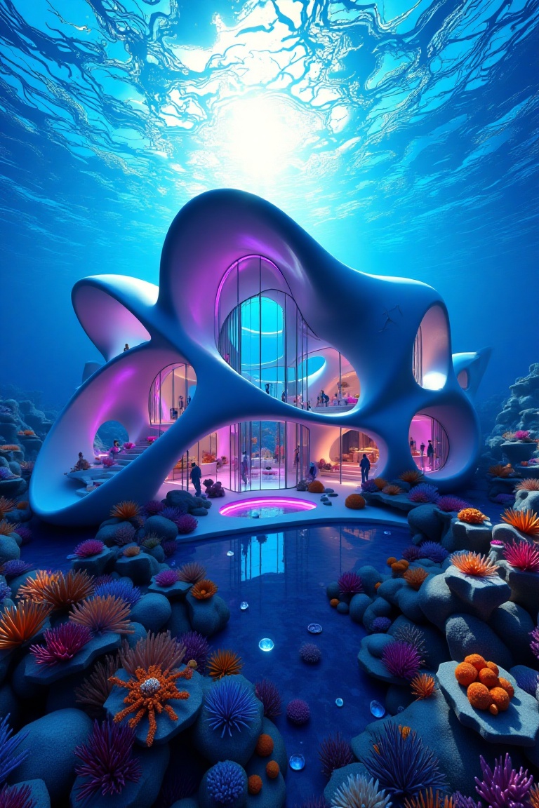 undersea world,  a modern house like a submarine,  like a modern undersea Palace on Tensor.Art