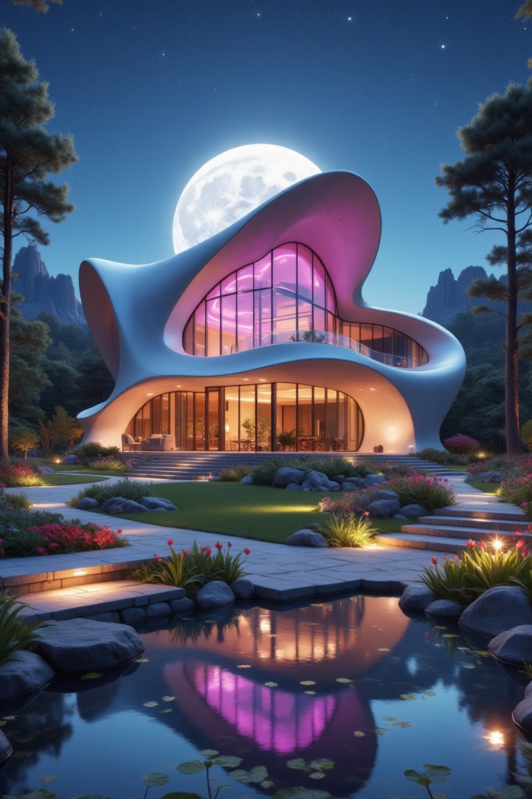 a modern house with beautiful purple lights,  in a beautiful landscape,  at a beautiful moon night on Tensor.Art
