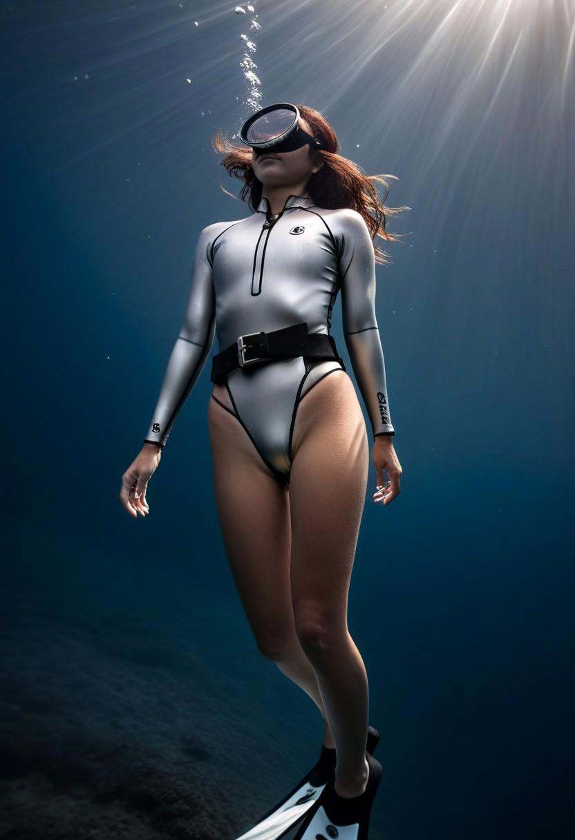 realistic underwater photo,  close up from below of asian 1girl swimming up,  looking down on Tensor.Art