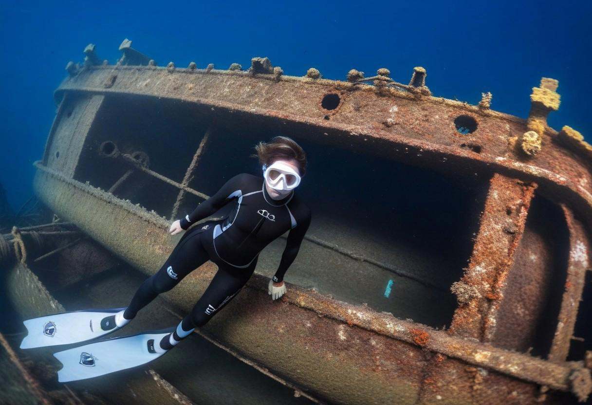 realistic underwater photo,  wide shot of 1girl swimming wearing a black french cut wetsuit,  white dive mask coco on Tens...