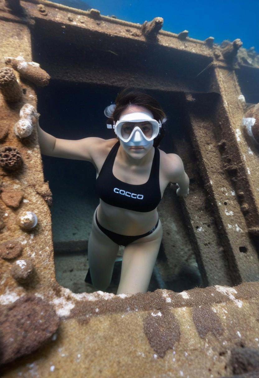 realistic underwater photo,  medium shot of 1girl swimming wearing a black bikini,  white dive mask coco on Tensor.Art