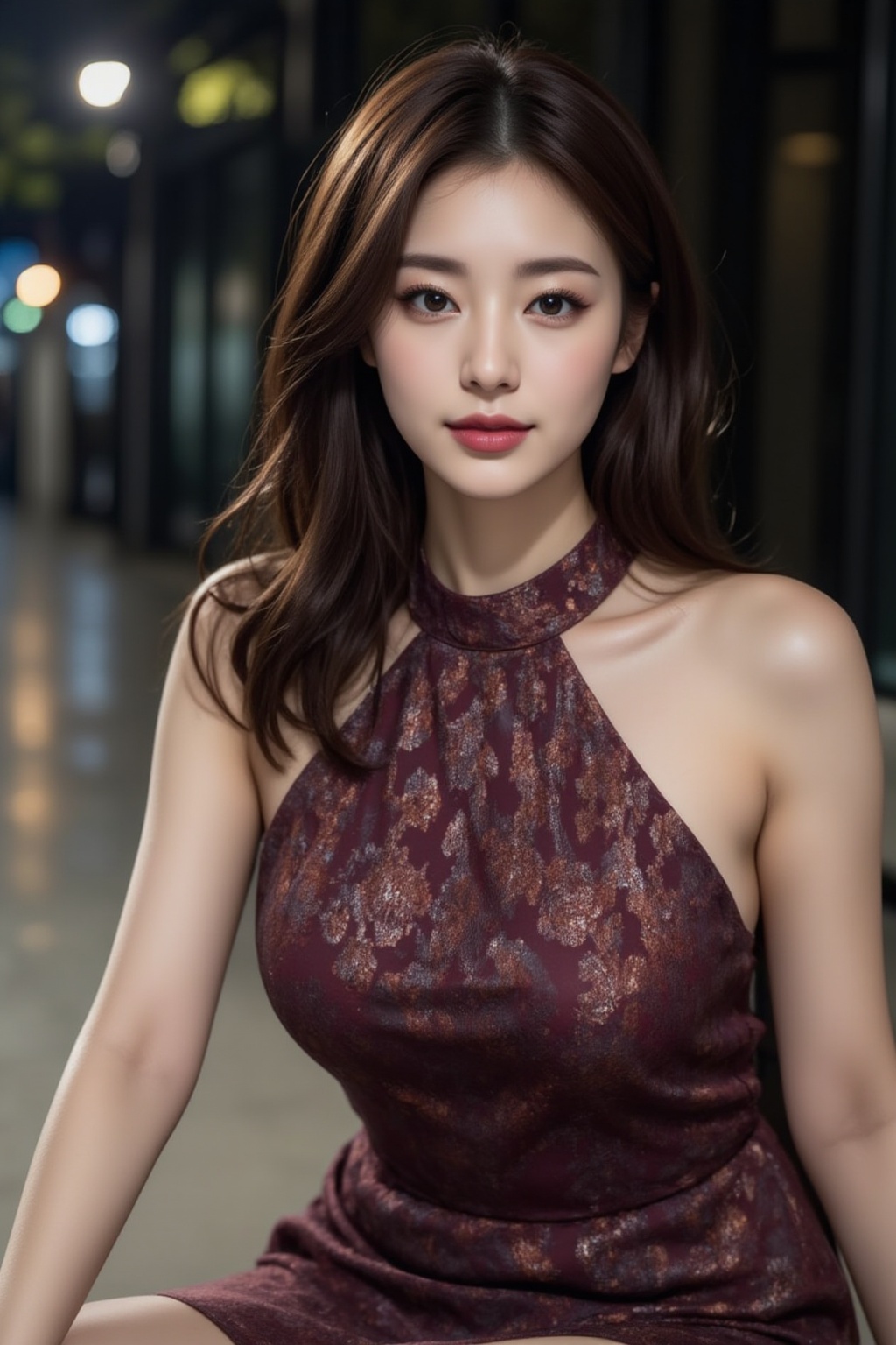 A young Asian woman sits confidently on a bench,  her stunning features showcased in a frame-from-feet-to-head composition...