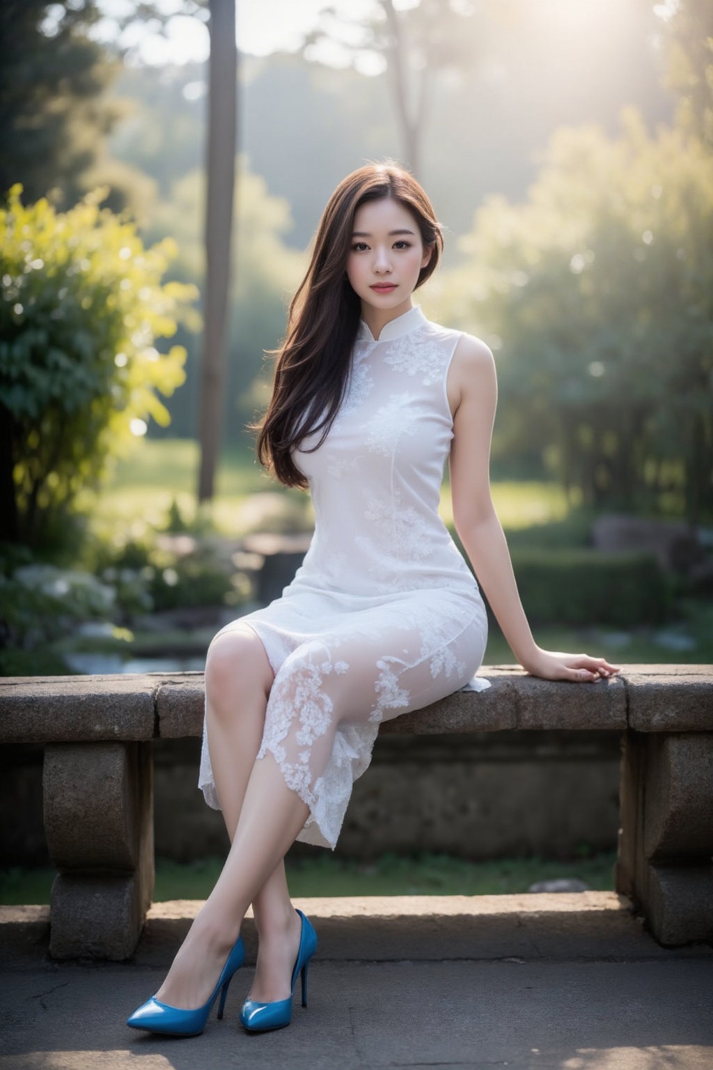 Serene young Asian woman with porcelain skin and long brown hair. She legs-crossed sits contemplatively on weathered stone...
