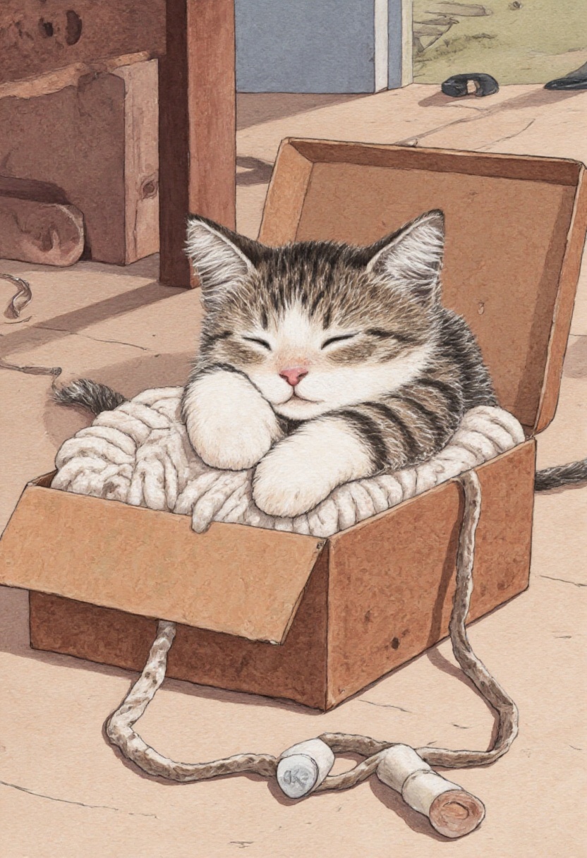 animawa of a sleepy cat nestled inside a shoebox filled with soft yarn scraps,  using a spool of thread as a pillow. Its t...