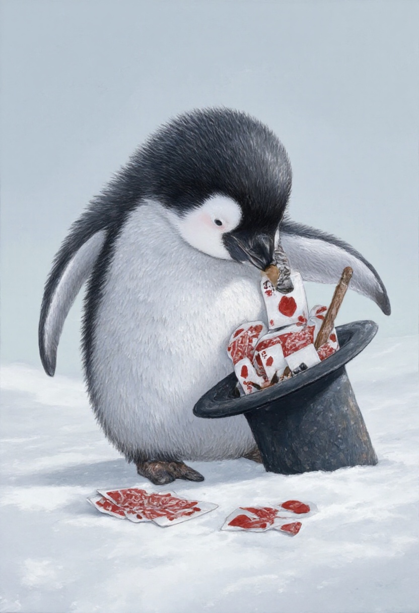 animawa of a curious penguin poking its head into a magician’s hat lying abandoned in the snow. Inside,  it finds a stack...