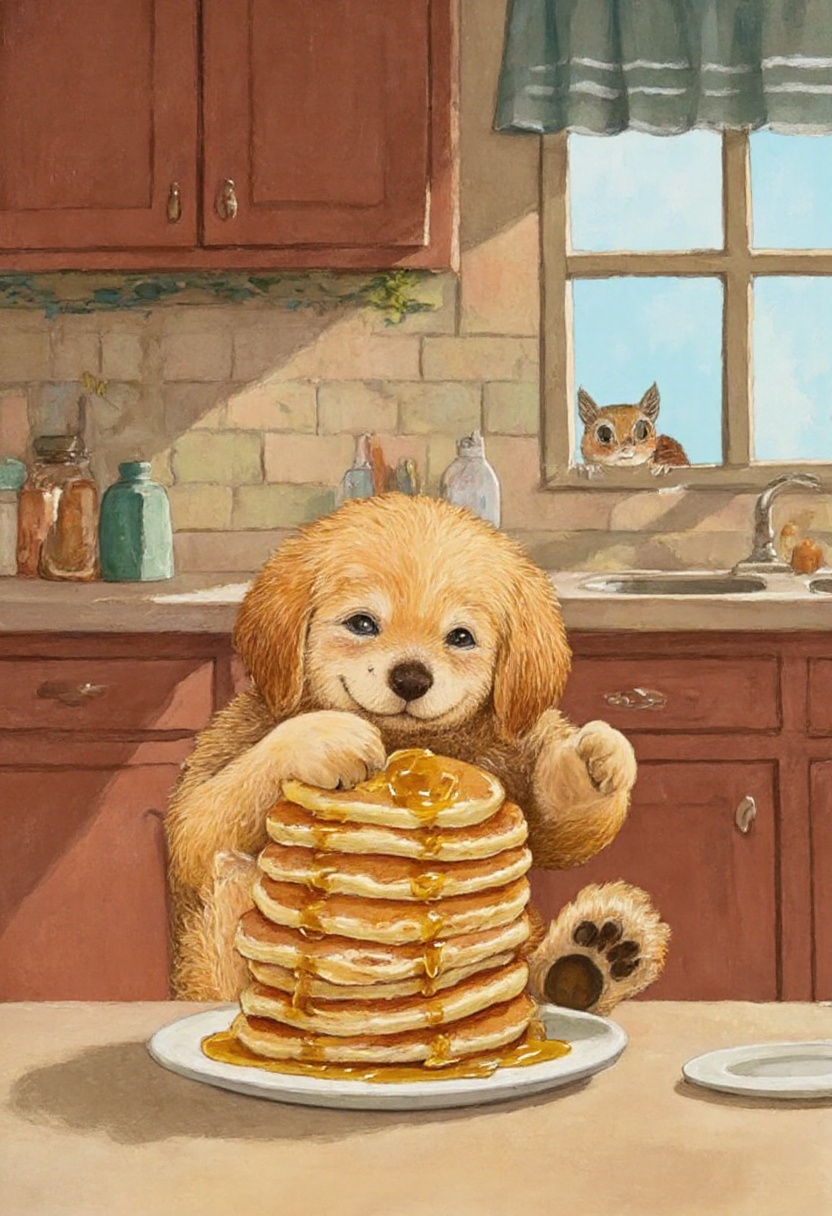 animawa of a golden retriever puppy balancing a stack of pancakes on its nose inside a cozy kitchen. The pup wiggles excit...
