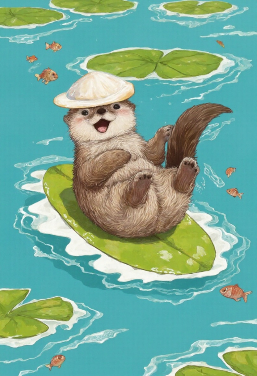 animawa of a playful otter floating on its back in a calm lagoon,  using a lily pad as a surfboard while balancing a seash...
