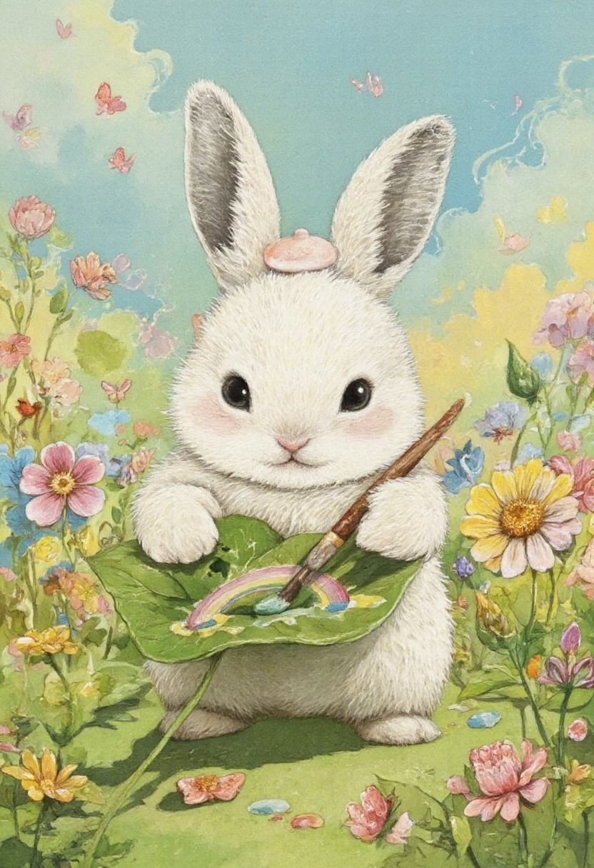 animawa of a fluffy white bunny painting tiny rainbows on a leaf using its paw,  surrounded by colorful flowers in a magic...