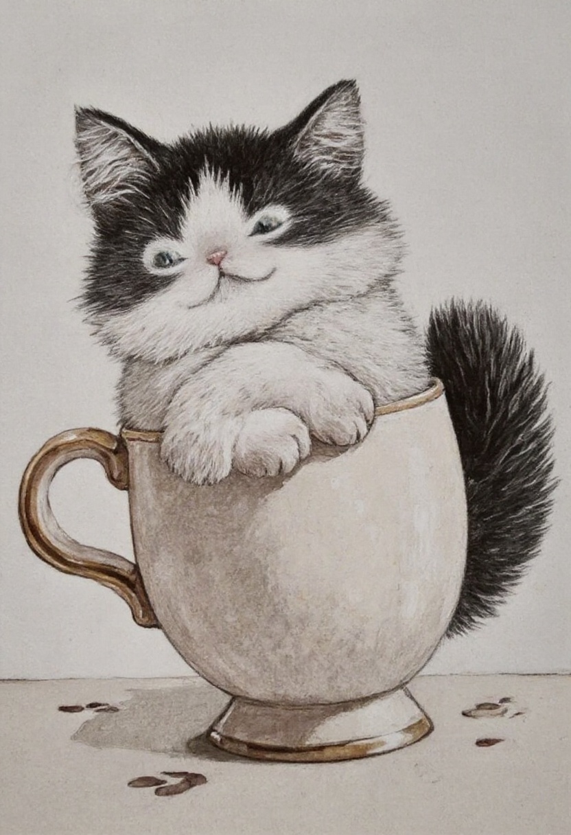 animawa of a fluffy black-and-white cat curled up inside a teacup,  peeking out with wide,  curious eyes. Its tail wraps s...