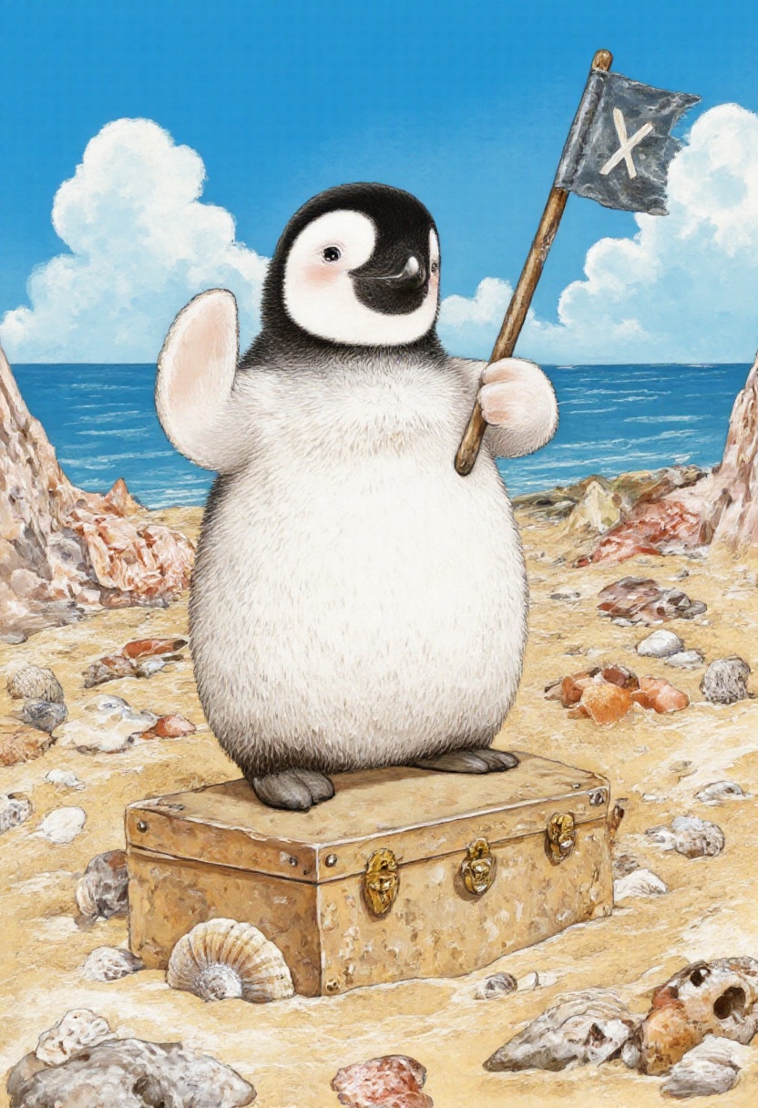 animawa of a brave penguin standing guard over a treasure chest buried halfway in the sand,  holding a tiny flag that read...