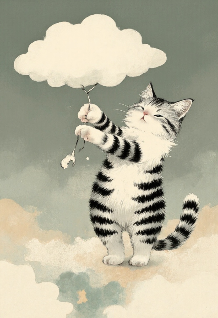 animawa of a black striped cat playing with a cloud on Tensor.Art