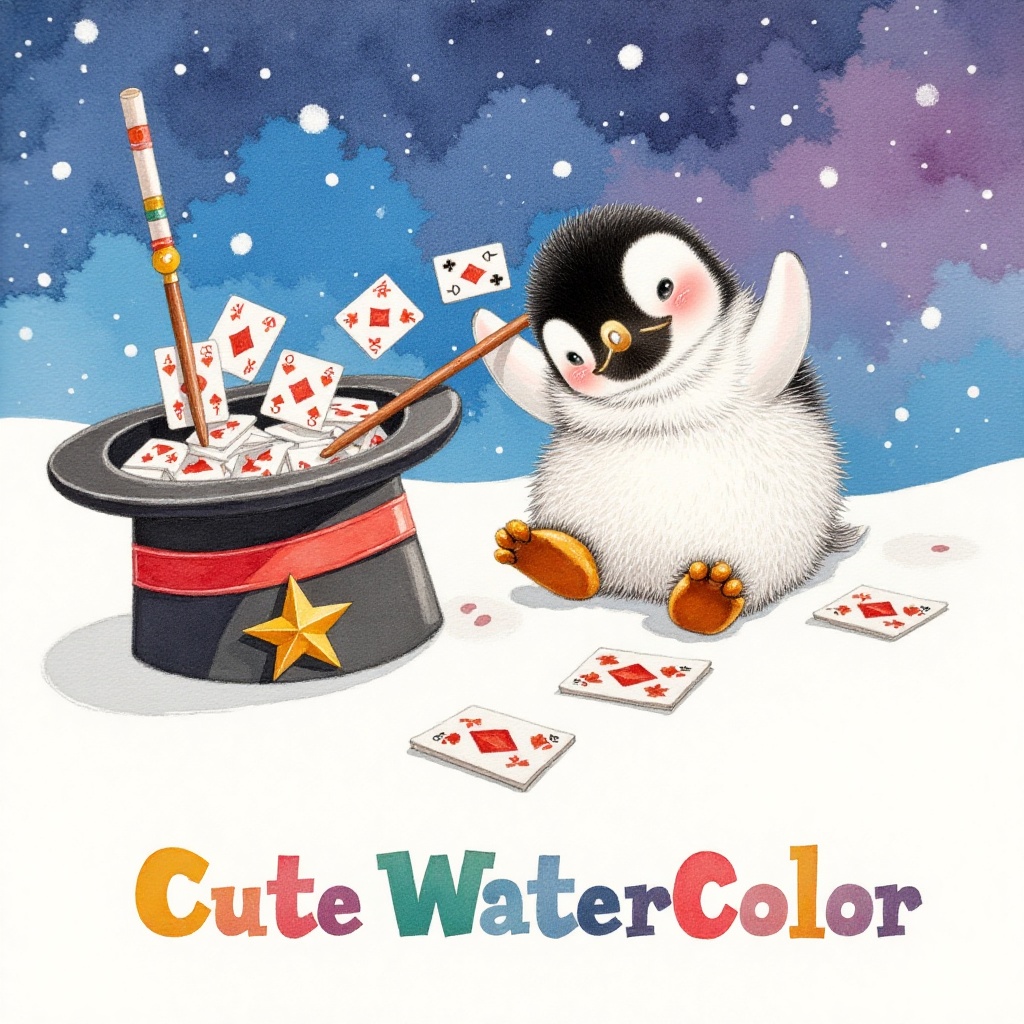 animawa of a curious penguin poking its head into a magician’s hat lying abandoned in the snow. Inside,  it finds a stack...