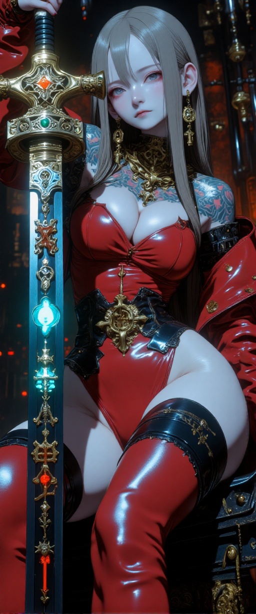 A cinematic photograph of a sultry cyberpunk mistress seated on a dark cult altar,  surrounded by neon lights and reflecti...