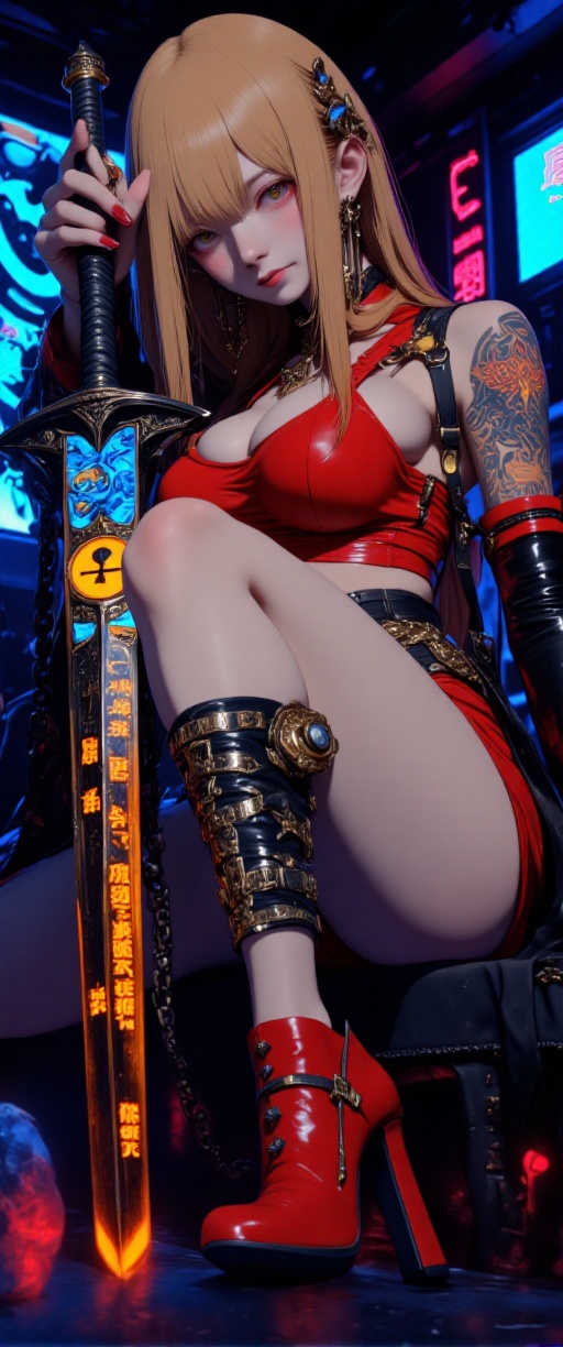 A cinematic photograph of a sultry cyberpunk mistress seated on a dark cult altar,  surrounded by neon lights and reflecti...