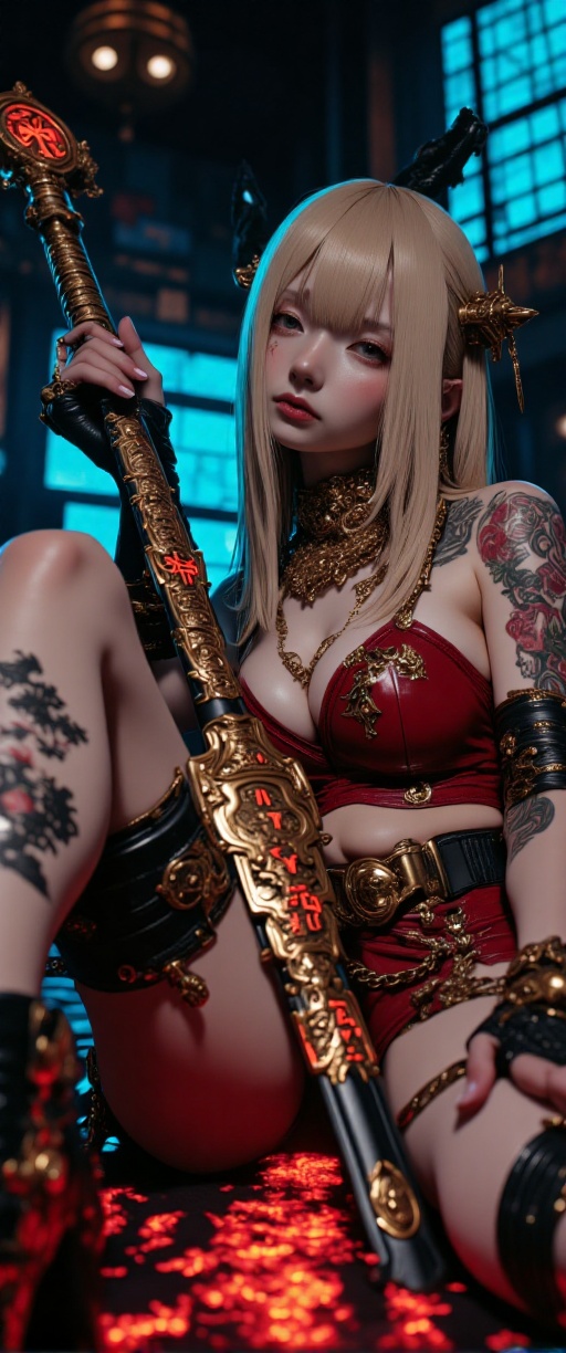 A cinematic photograph of a sultry cyberpunk mistress seated on a dark cult altar,  surrounded by neon lights and reflecti...