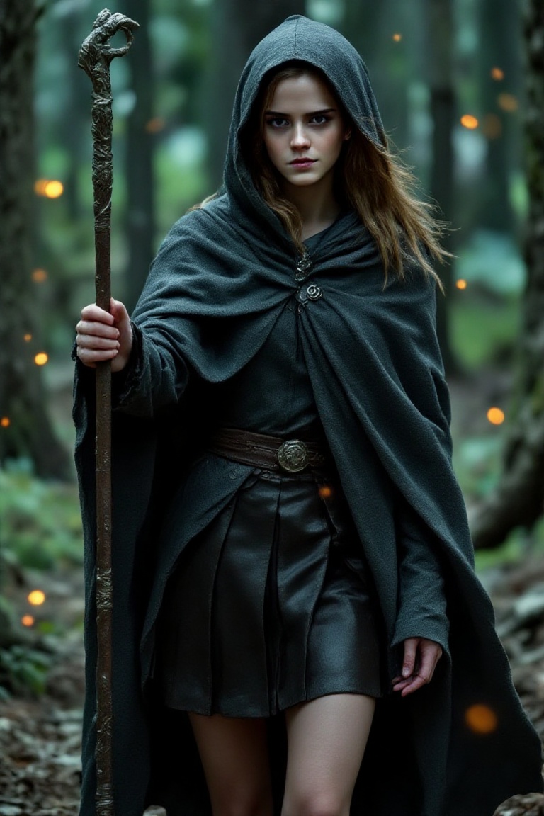 Emma Watson as fantasy wizard,  wearing cloke over clothing,  hood down on Tensor.Art