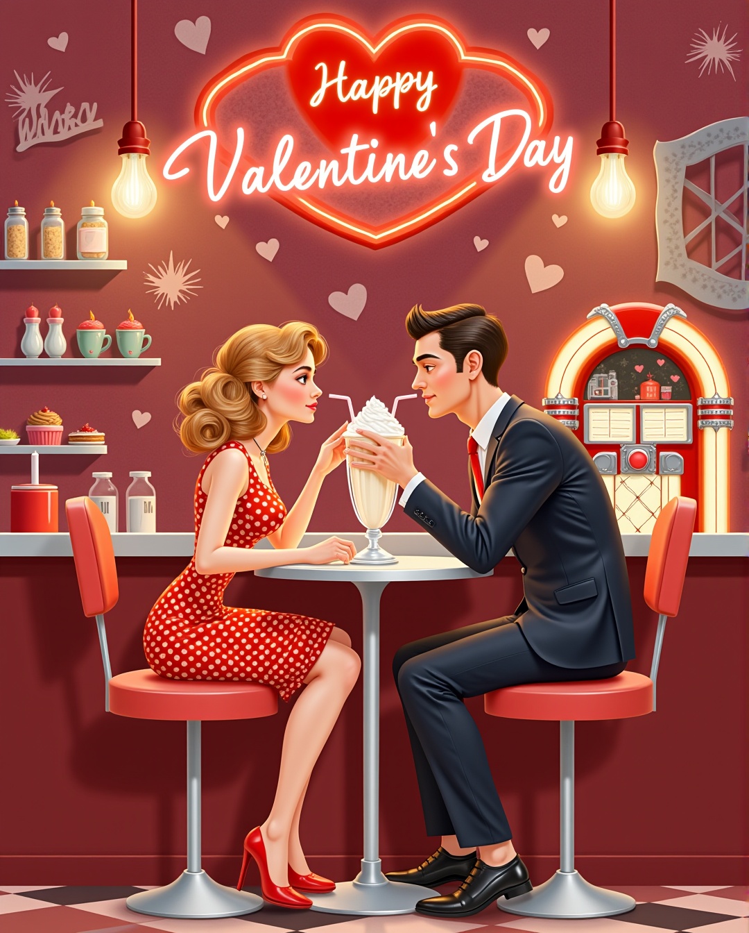 A romantic vintage-style Valentine's Day illustration. A refined couple,  she in a 1950s polka-dot dress with soft curls,...