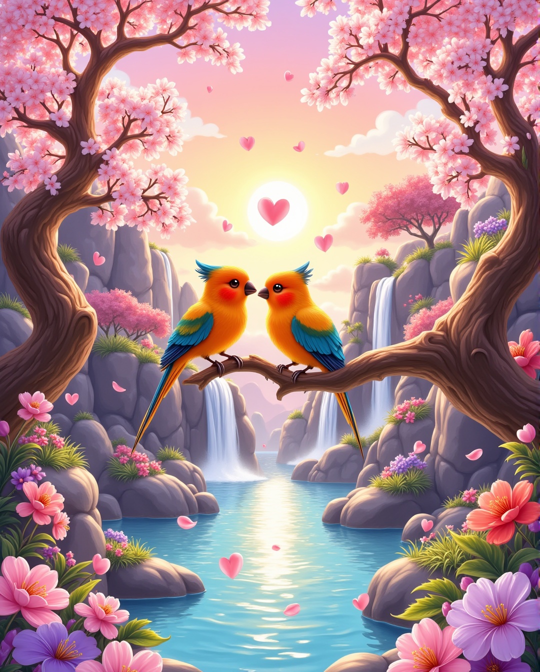 "A picturesque anime-style tropical paradise,  where two vibrantly colored lovebirds perch delicately on a cherry blossom...