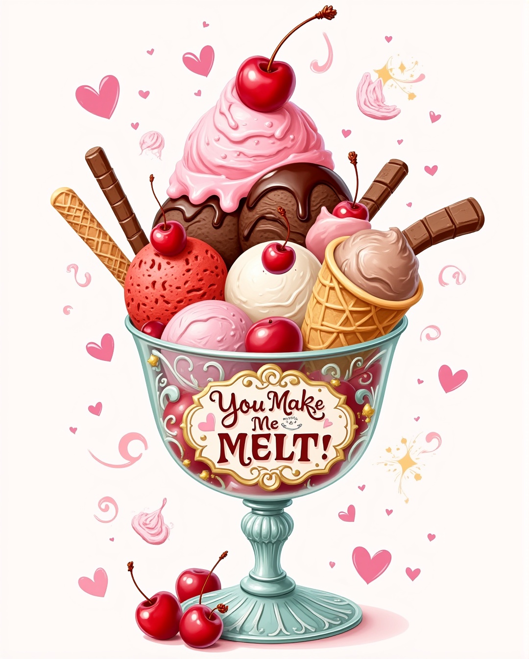 A vibrant and whimsical digital illustration of an overflowing ice cream sundae in a vintage glass cup with intricate etch...