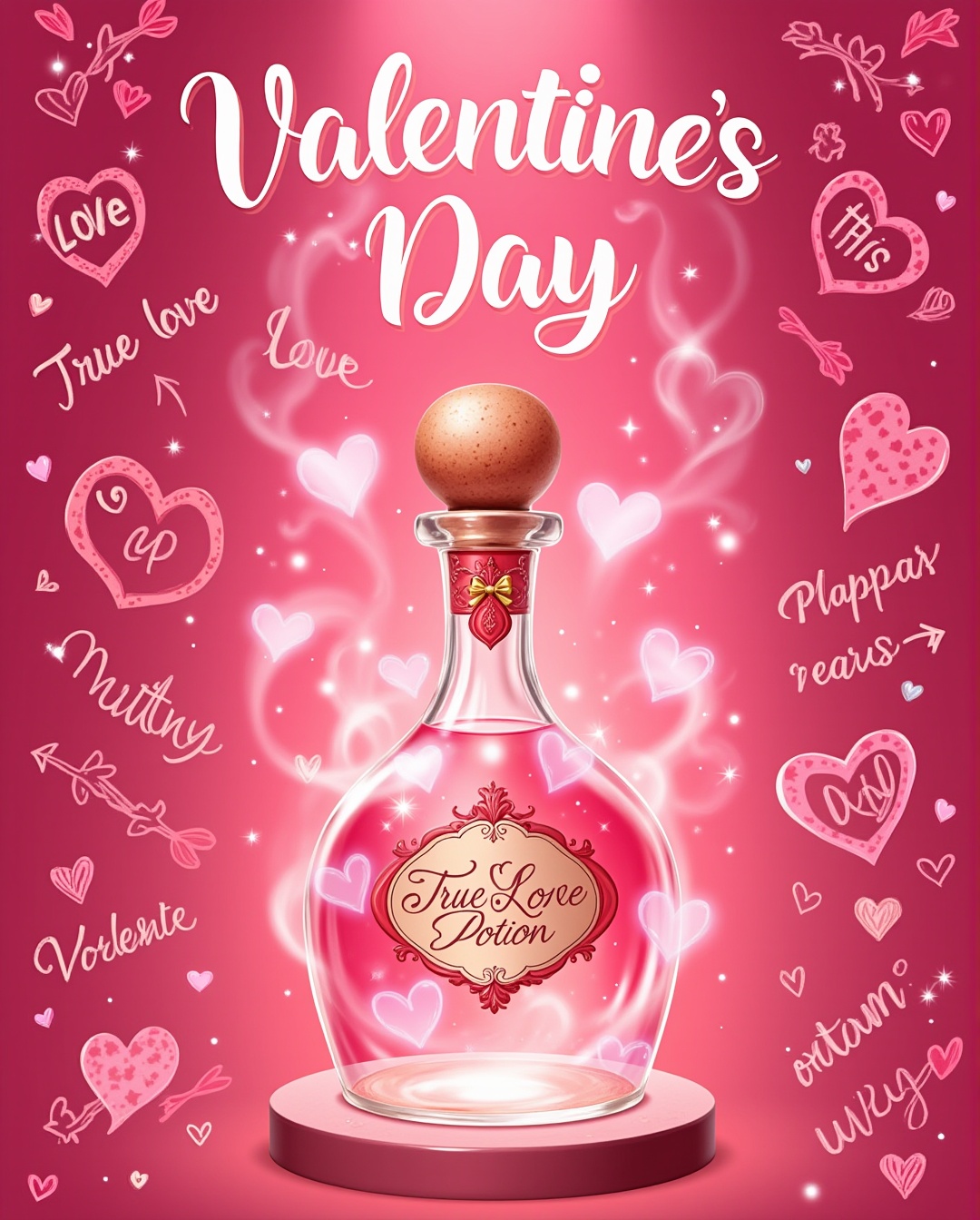 A fantasy-style Valentine's Day image with a radiant,  glowing love potion bottle at the center,  enveloped in soft on Ten...