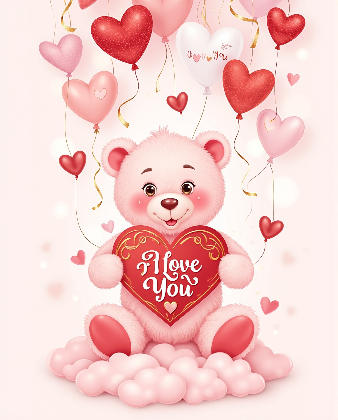 A heartwarming and adorable Valentines Day illustration featuring a fluffy,  soft-focus,  light pink teddy bear with large...