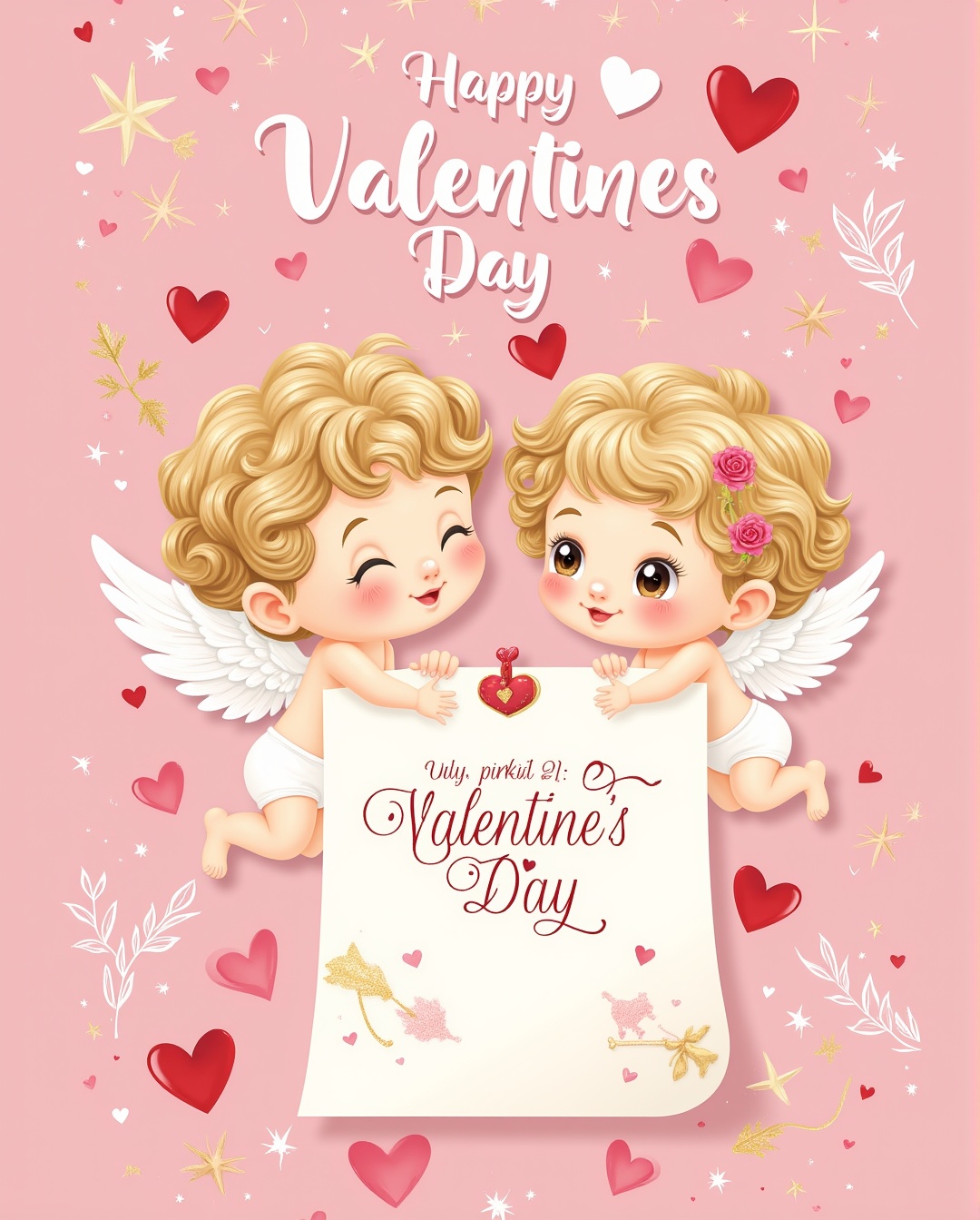 A dreamy Valentine's Day illustration featuring two adorable cherubs with curly,  honey-blonde hair and delicate,  feather...
