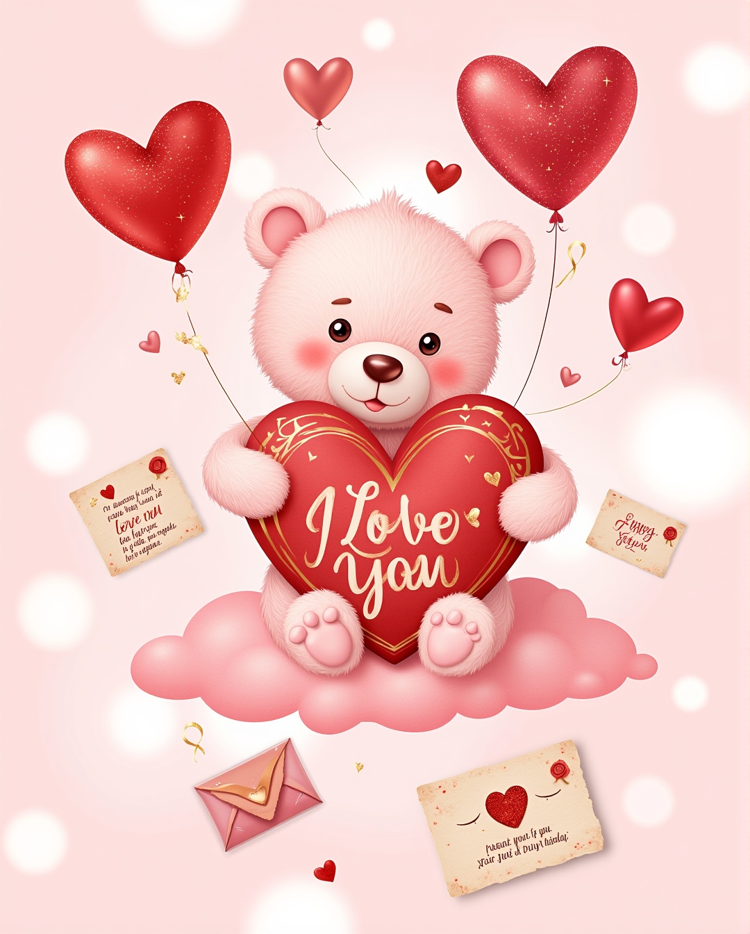 A heartwarming and adorable Valentines Day illustration featuring a fluffy,  soft-focus,  light pink teddy bear with large...