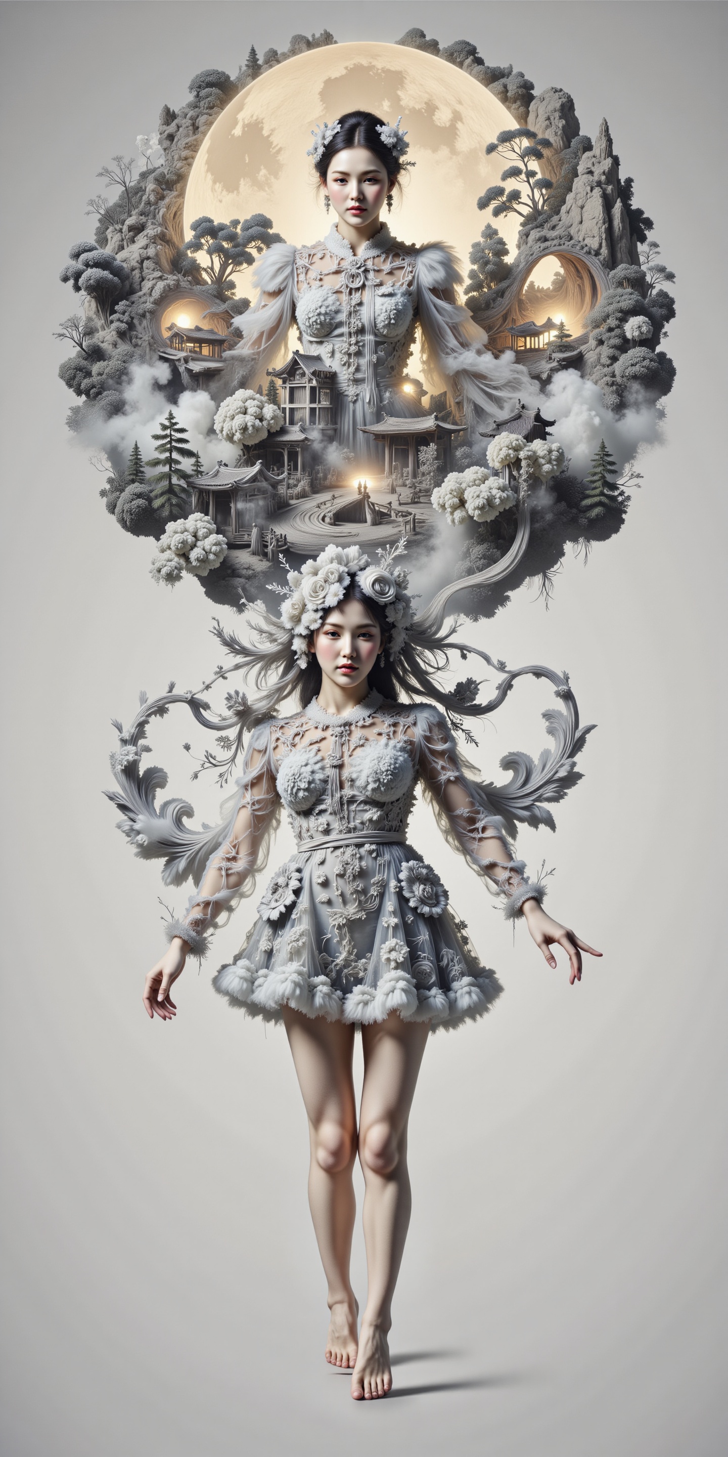 Surreal digital illustration painting in the style of Asa CHEN,  image view,  beautiful girl in a gauze dress on Tensor.Art