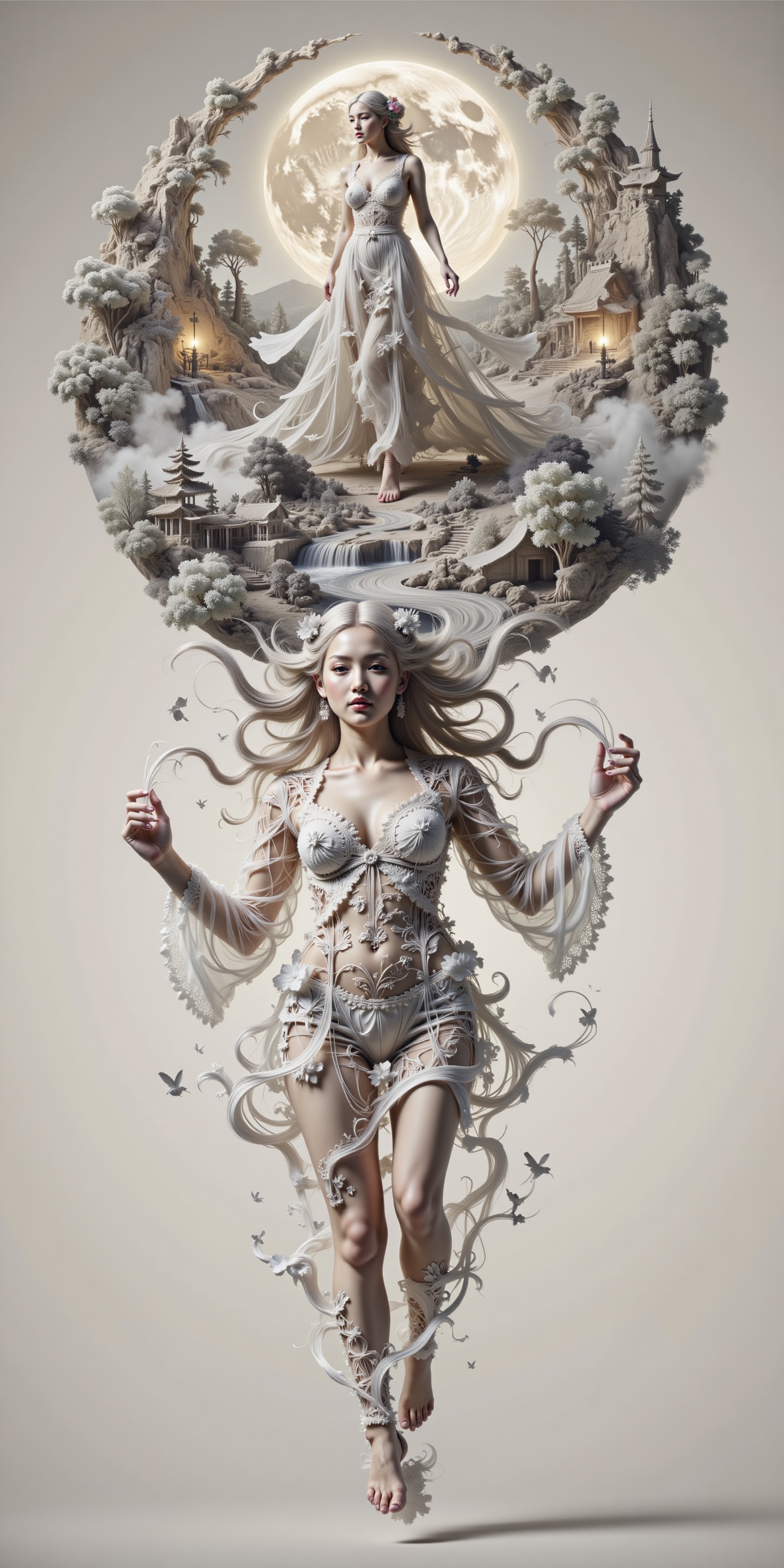 Surreal digital illustration painting in the style of Asa CHEN,  image view,  beautiful girl in a gauze dress on Tensor.Art